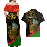 Oman Couples Matching Off Shoulder Maxi Dress and Hawaiian Shirt with Camel Landscape and Geometric Pattern Design