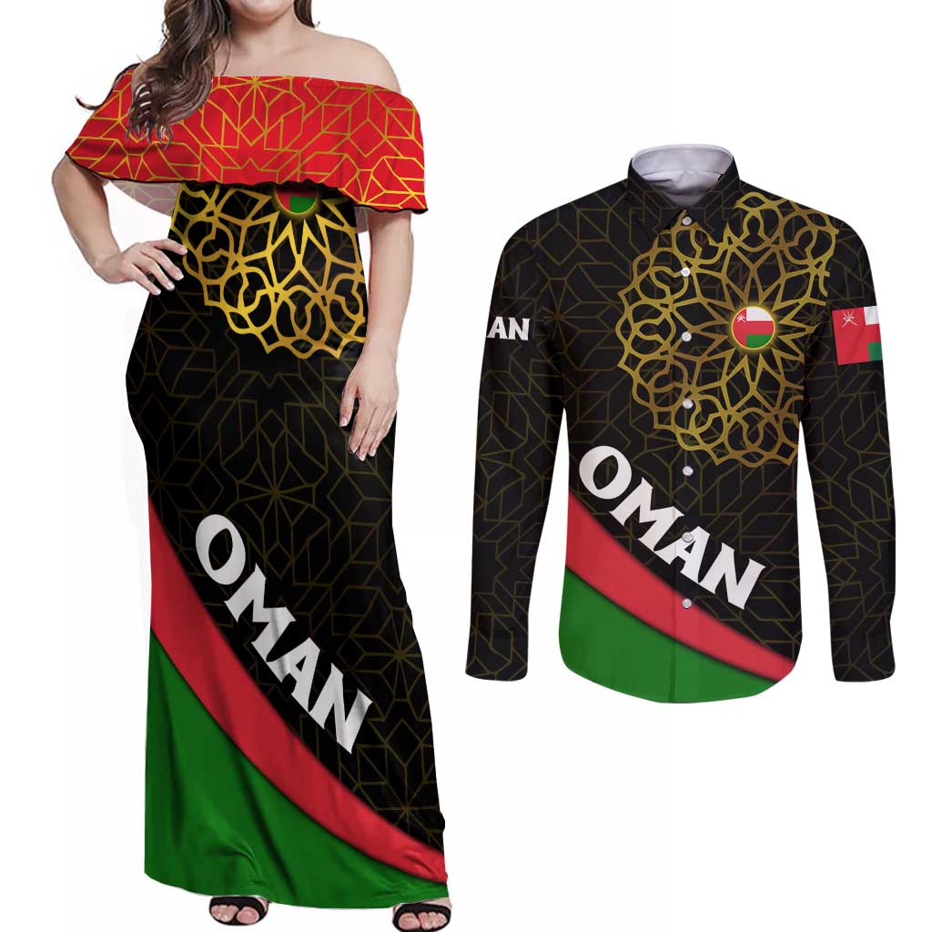 Oman Couples Matching Off Shoulder Maxi Dress and Long Sleeve Button Shirt with Camel Landscape and Geometric Pattern Design