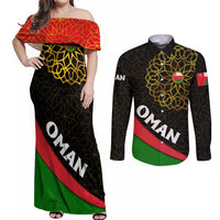 Oman Couples Matching Off Shoulder Maxi Dress and Long Sleeve Button Shirt with Camel Landscape and Geometric Pattern Design