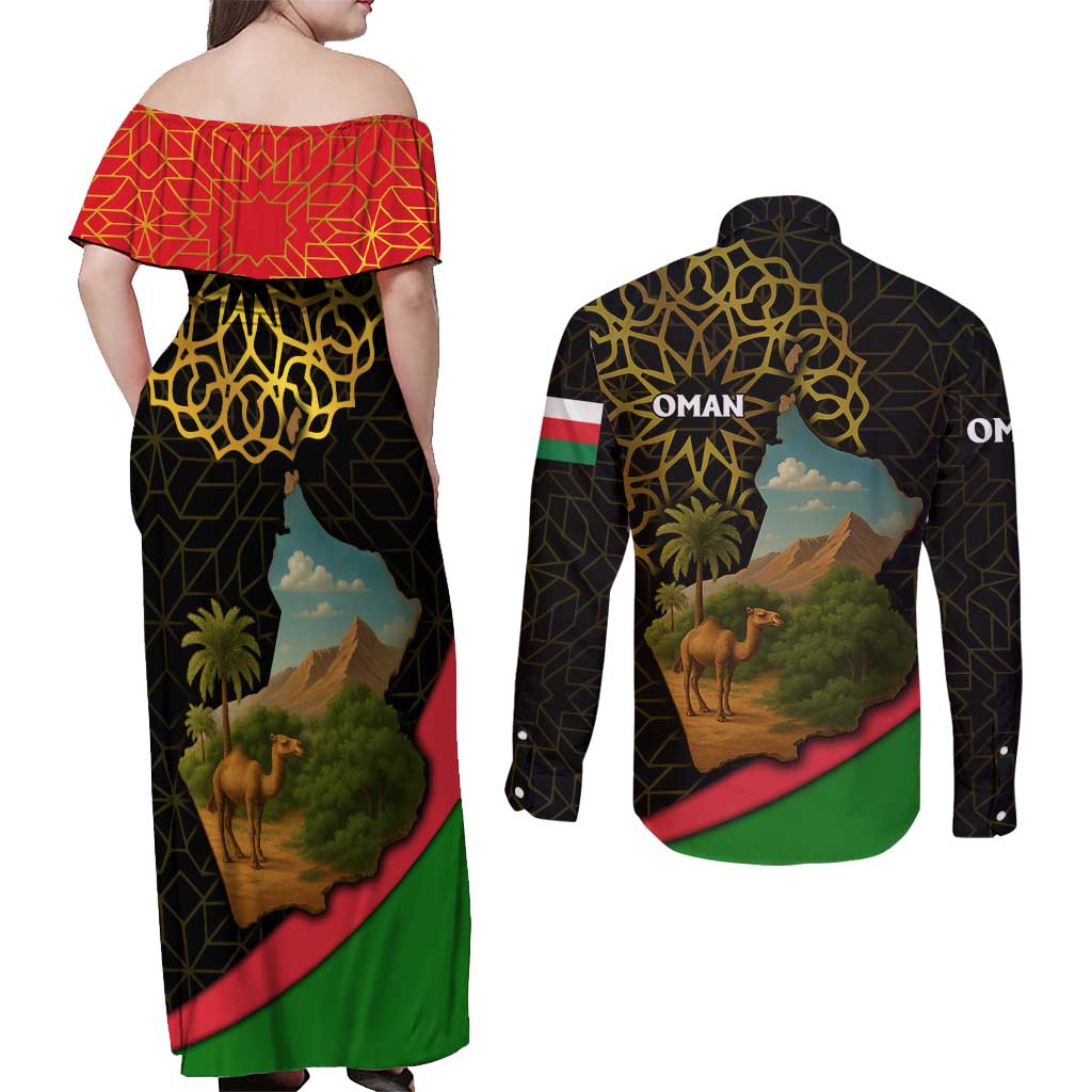 Oman Couples Matching Off Shoulder Maxi Dress and Long Sleeve Button Shirt with Camel Landscape and Geometric Pattern Design