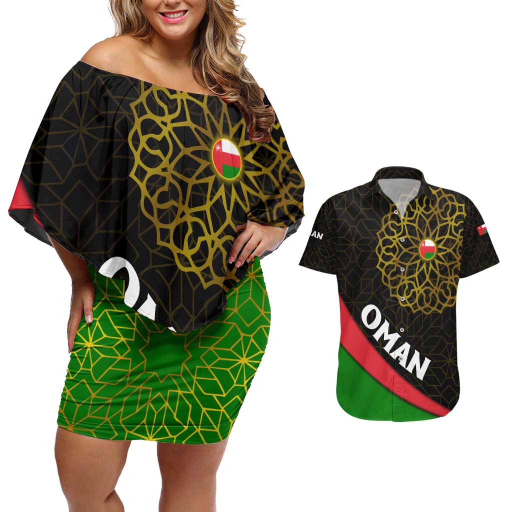 Oman Couples Matching Off Shoulder Short Dress and Hawaiian Shirt with Camel Landscape and Geometric Pattern Design