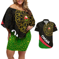 Oman Couples Matching Off Shoulder Short Dress and Hawaiian Shirt with Camel Landscape and Geometric Pattern Design