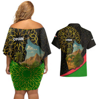 Oman Couples Matching Off Shoulder Short Dress and Hawaiian Shirt with Camel Landscape and Geometric Pattern Design