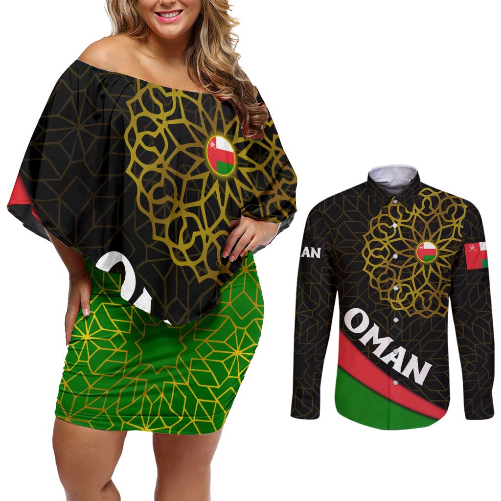 Oman Couples Matching Off Shoulder Short Dress and Long Sleeve Button Shirt with Camel Landscape and Geometric Pattern Design