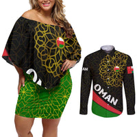 Oman Couples Matching Off Shoulder Short Dress and Long Sleeve Button Shirt with Camel Landscape and Geometric Pattern Design