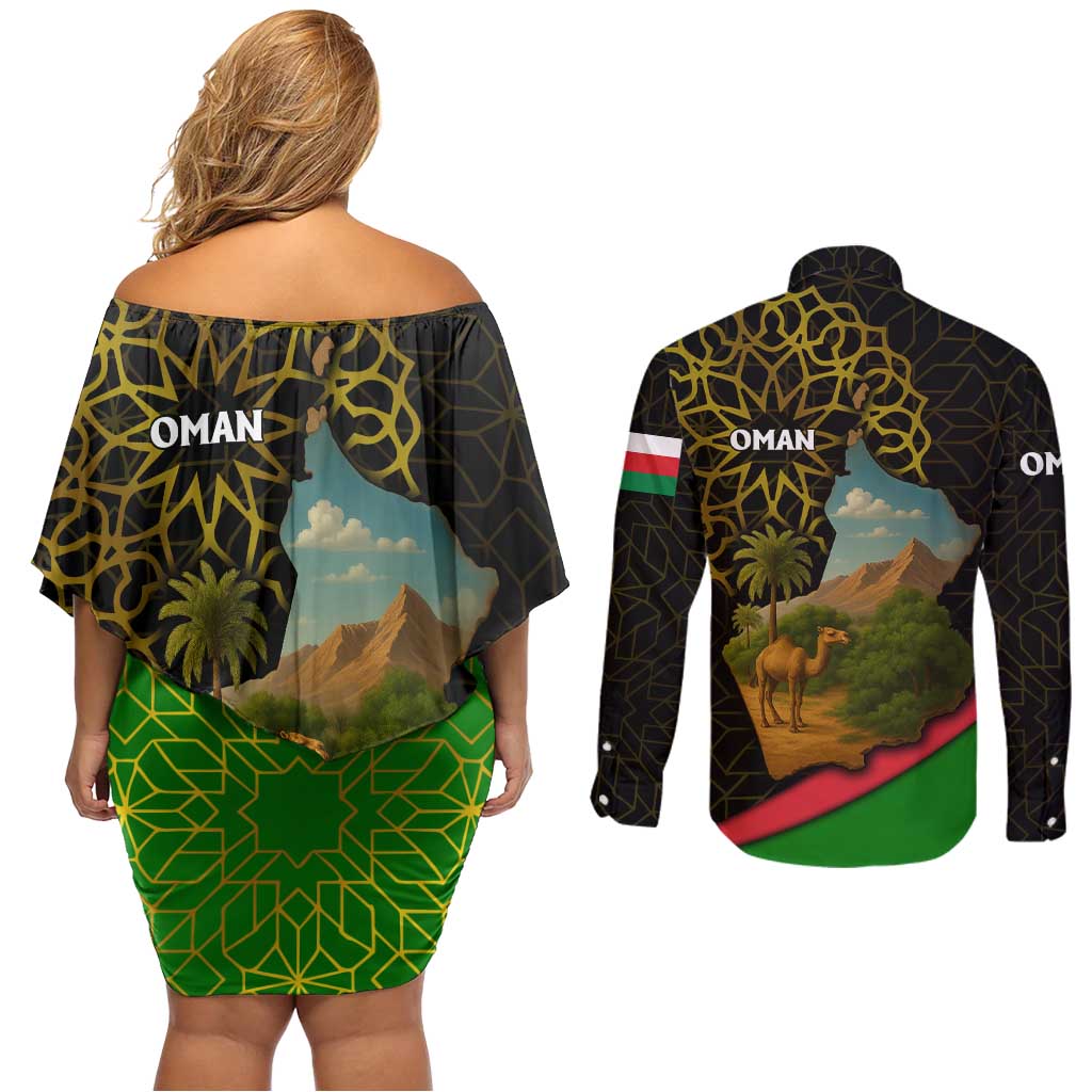 Oman Couples Matching Off Shoulder Short Dress and Long Sleeve Button Shirt with Camel Landscape and Geometric Pattern Design