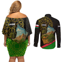 Oman Couples Matching Off Shoulder Short Dress and Long Sleeve Button Shirt with Camel Landscape and Geometric Pattern Design