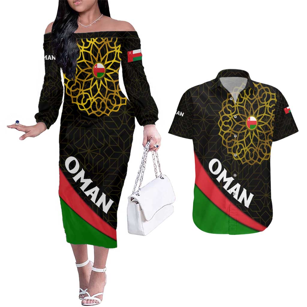 Oman Couples Matching Off The Shoulder Long Sleeve Dress and Hawaiian Shirt with Camel Landscape and Geometric Pattern Design