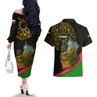 Oman Couples Matching Off The Shoulder Long Sleeve Dress and Hawaiian Shirt with Camel Landscape and Geometric Pattern Design