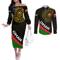 Oman Couples Matching Off The Shoulder Long Sleeve Dress and Long Sleeve Button Shirt with Camel Landscape and Geometric Pattern Design