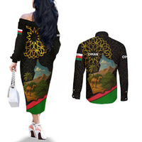 Oman Couples Matching Off The Shoulder Long Sleeve Dress and Long Sleeve Button Shirt with Camel Landscape and Geometric Pattern Design