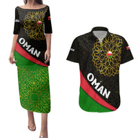 Oman Couples Matching Puletasi and Hawaiian Shirt with Camel Landscape and Geometric Pattern Design