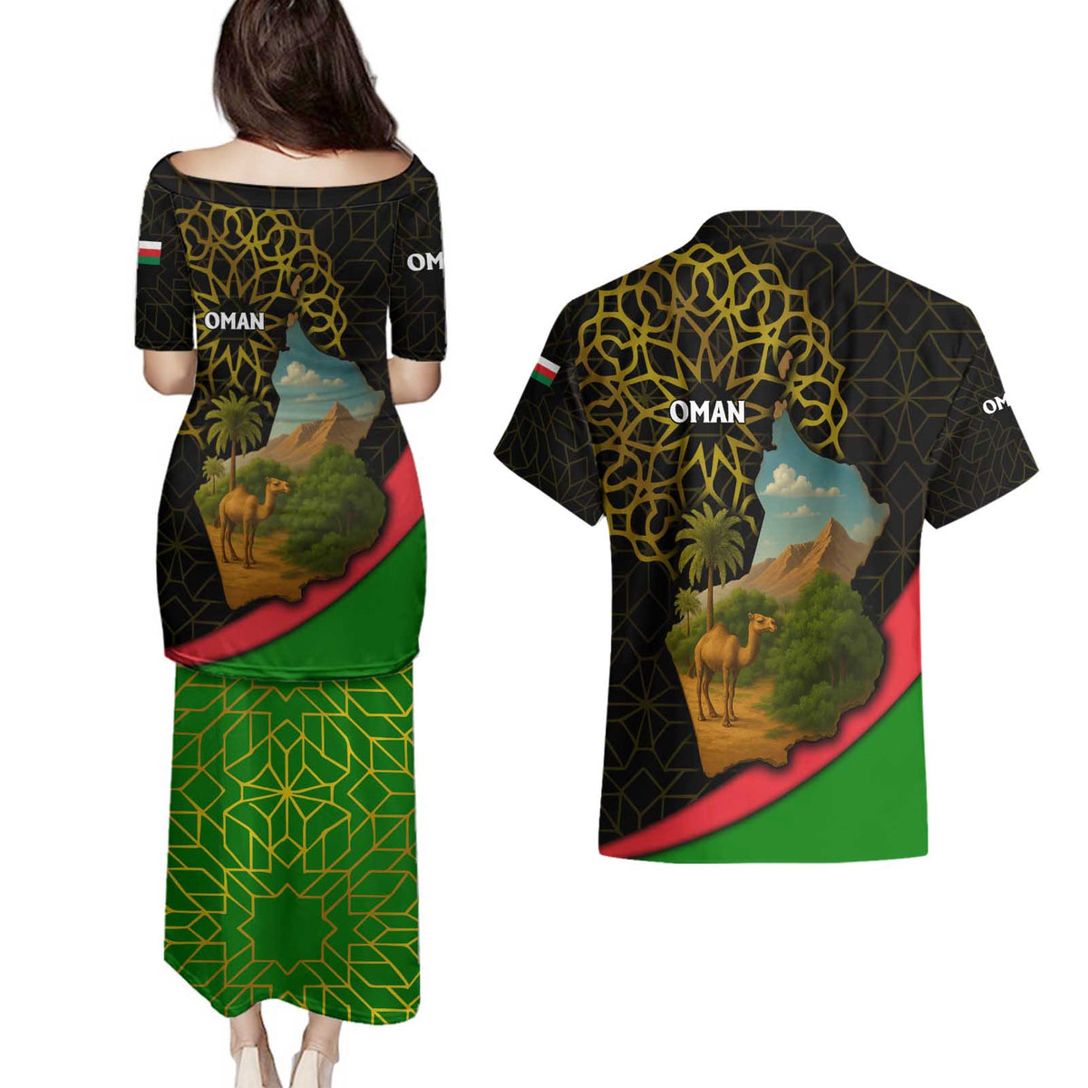 Oman Couples Matching Puletasi and Hawaiian Shirt with Camel Landscape and Geometric Pattern Design