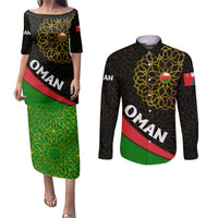 Oman Couples Matching Puletasi and Long Sleeve Button Shirt with Camel Landscape and Geometric Pattern Design