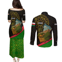 Oman Couples Matching Puletasi and Long Sleeve Button Shirt with Camel Landscape and Geometric Pattern Design
