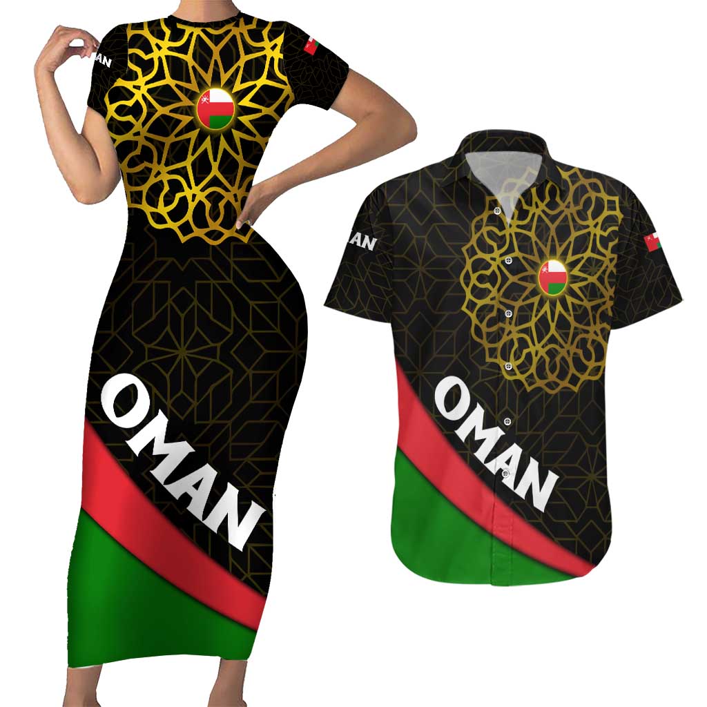 Oman Couples Matching Short Sleeve Bodycon Dress and Hawaiian Shirt with Camel Landscape and Geometric Pattern Design