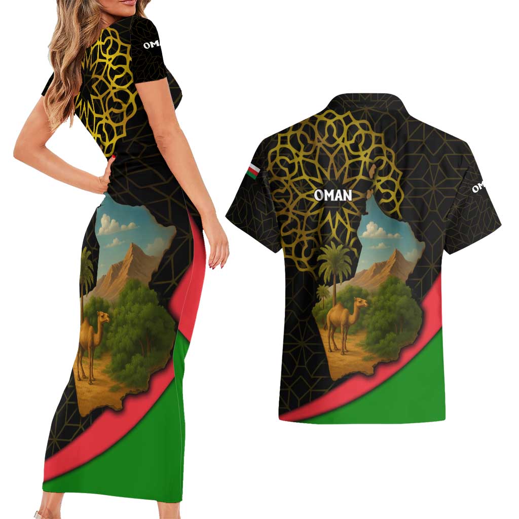 Oman Couples Matching Short Sleeve Bodycon Dress and Hawaiian Shirt with Camel Landscape and Geometric Pattern Design