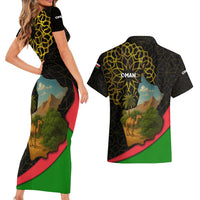 Oman Couples Matching Short Sleeve Bodycon Dress and Hawaiian Shirt with Camel Landscape and Geometric Pattern Design