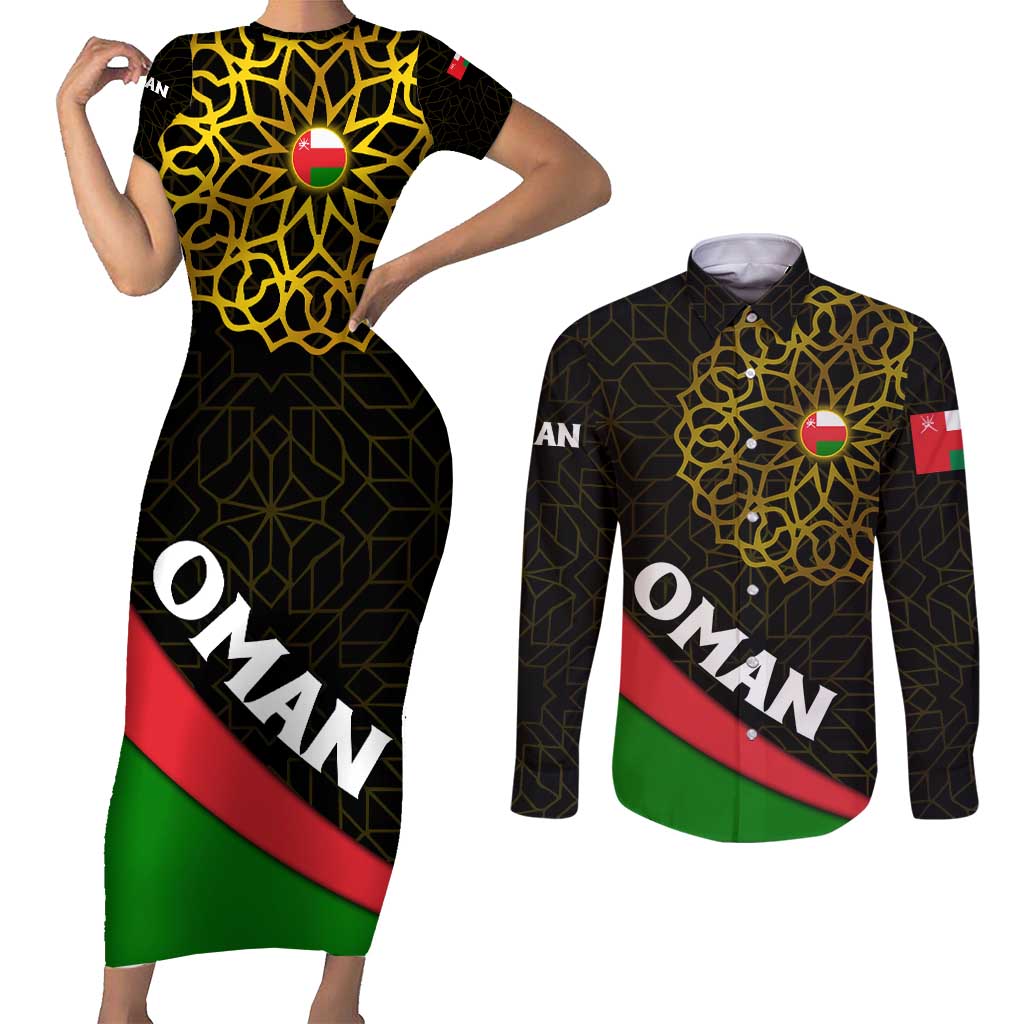 Oman Couples Matching Short Sleeve Bodycon Dress and Long Sleeve Button Shirt with Camel Landscape and Geometric Pattern Design