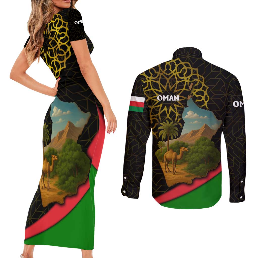 Oman Couples Matching Short Sleeve Bodycon Dress and Long Sleeve Button Shirt with Camel Landscape and Geometric Pattern Design