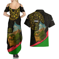 Oman Couples Matching Summer Maxi Dress and Hawaiian Shirt with Camel Landscape and Geometric Pattern Design