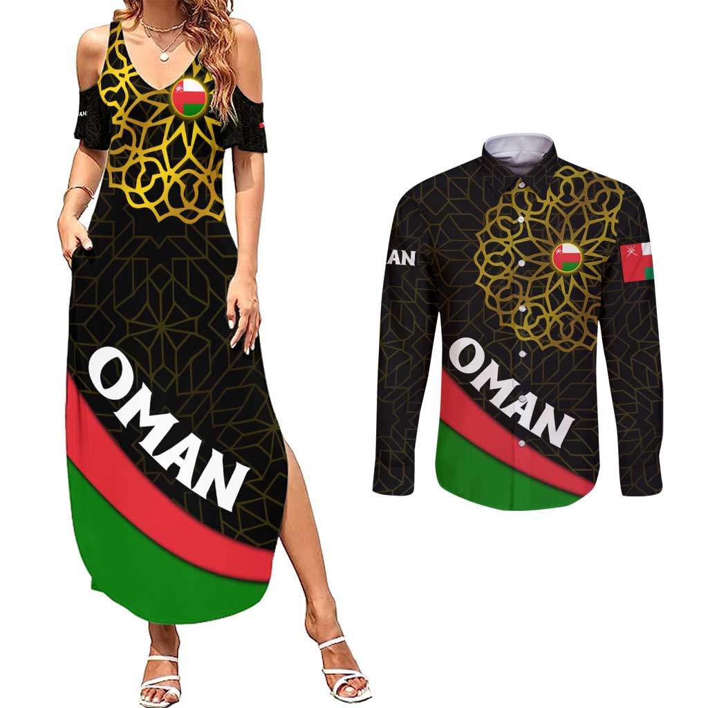 Oman Couples Matching Summer Maxi Dress and Long Sleeve Button Shirt with Camel Landscape and Geometric Pattern Design