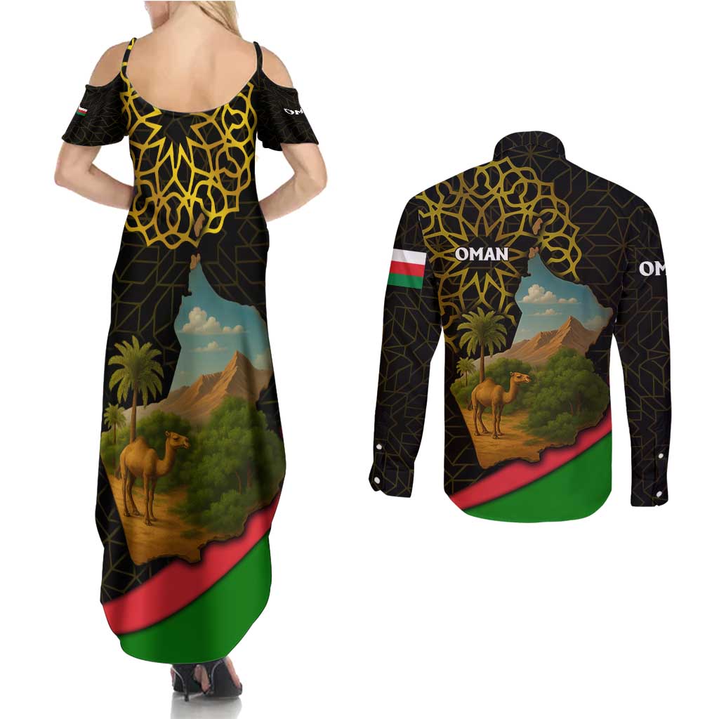 Oman Couples Matching Summer Maxi Dress and Long Sleeve Button Shirt with Camel Landscape and Geometric Pattern Design