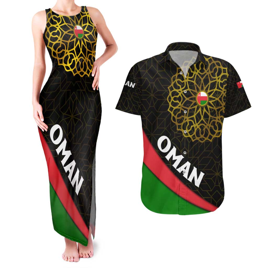 Oman Couples Matching Tank Maxi Dress and Hawaiian Shirt with Camel Landscape and Geometric Pattern Design