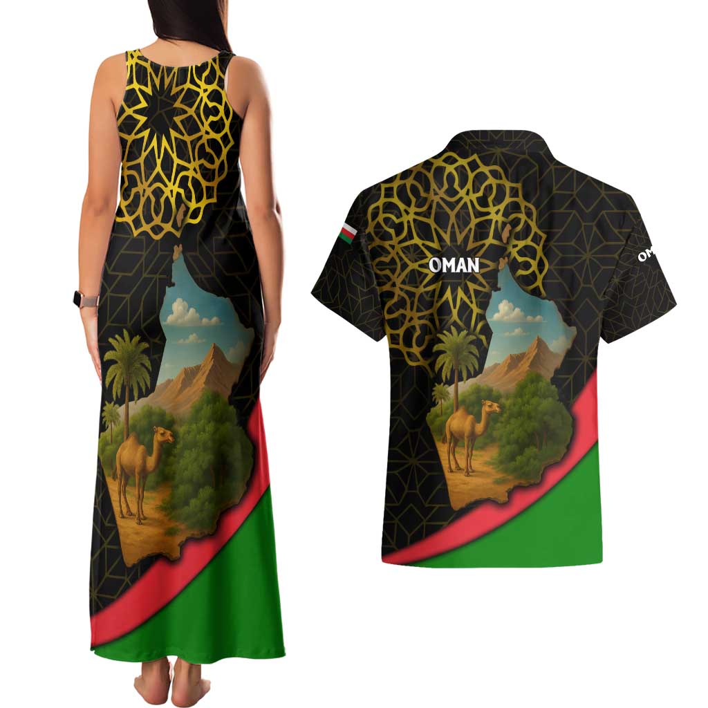 Oman Couples Matching Tank Maxi Dress and Hawaiian Shirt with Camel Landscape and Geometric Pattern Design