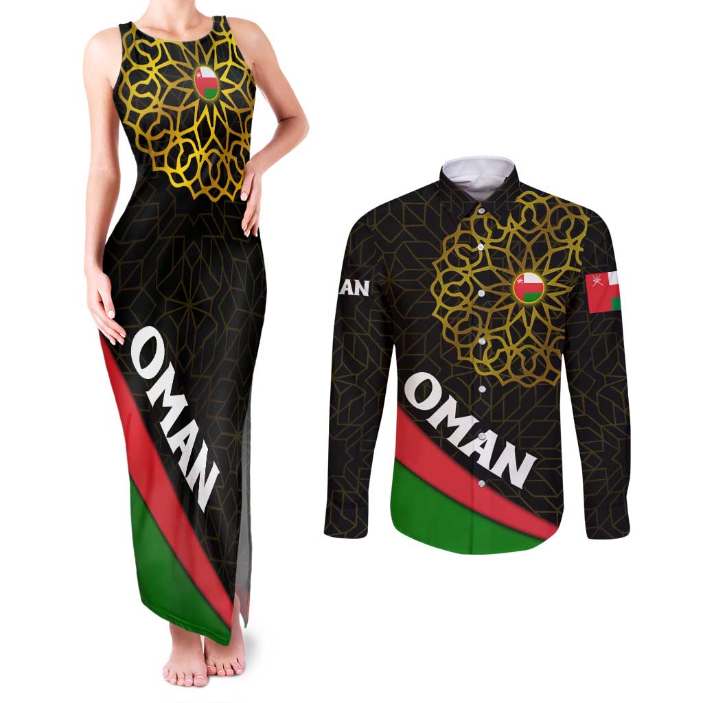 Oman Couples Matching Tank Maxi Dress and Long Sleeve Button Shirt with Camel Landscape and Geometric Pattern Design