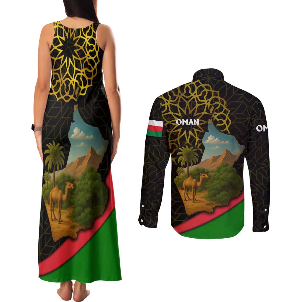 Oman Couples Matching Tank Maxi Dress and Long Sleeve Button Shirt with Camel Landscape and Geometric Pattern Design