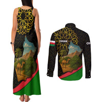 Oman Couples Matching Tank Maxi Dress and Long Sleeve Button Shirt with Camel Landscape and Geometric Pattern Design