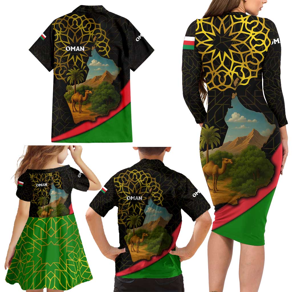 Oman Family Matching Long Sleeve Bodycon Dress and Hawaiian Shirt with Camel Landscape and Geometric Pattern Design