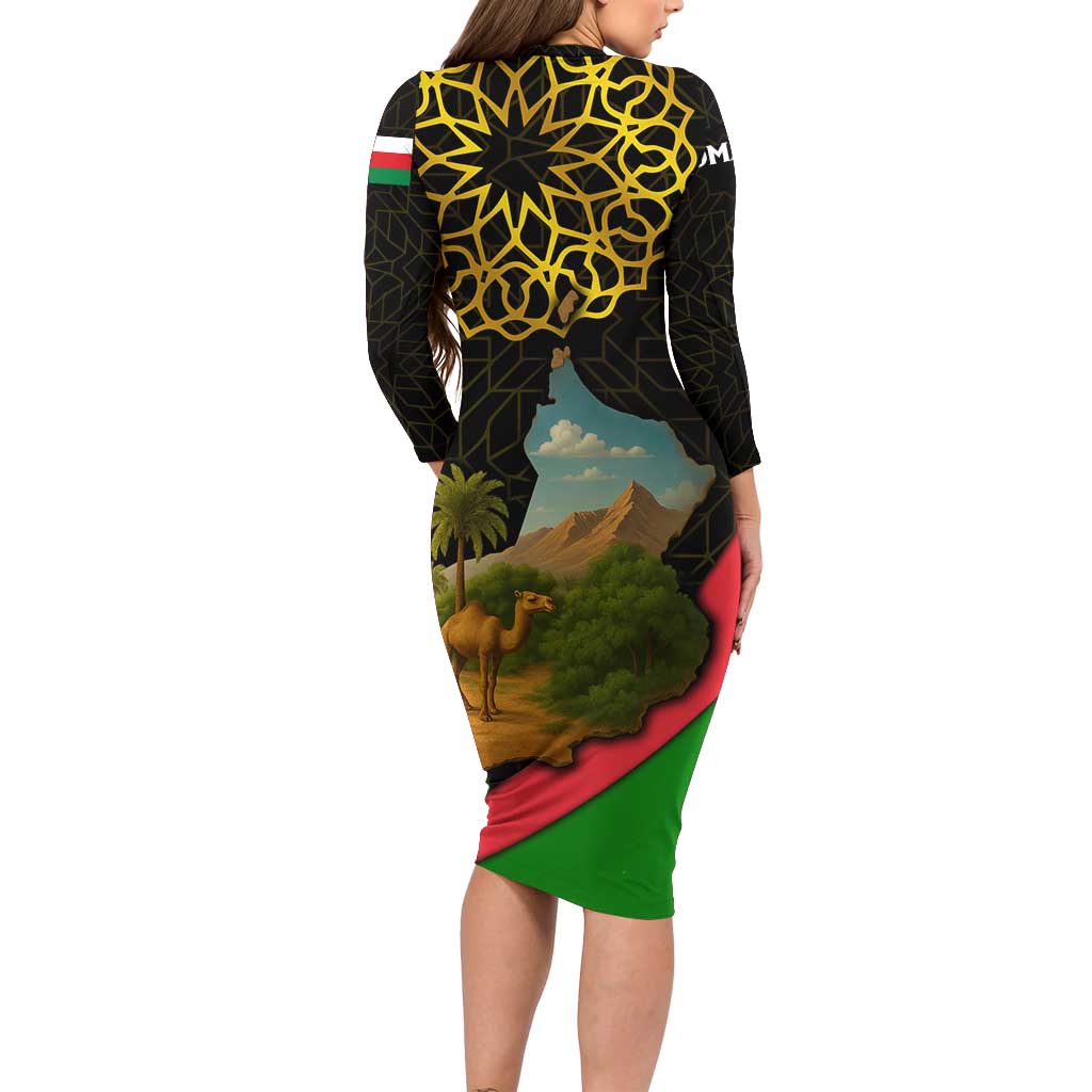 Oman Family Matching Long Sleeve Bodycon Dress and Hawaiian Shirt with Camel Landscape and Geometric Pattern Design