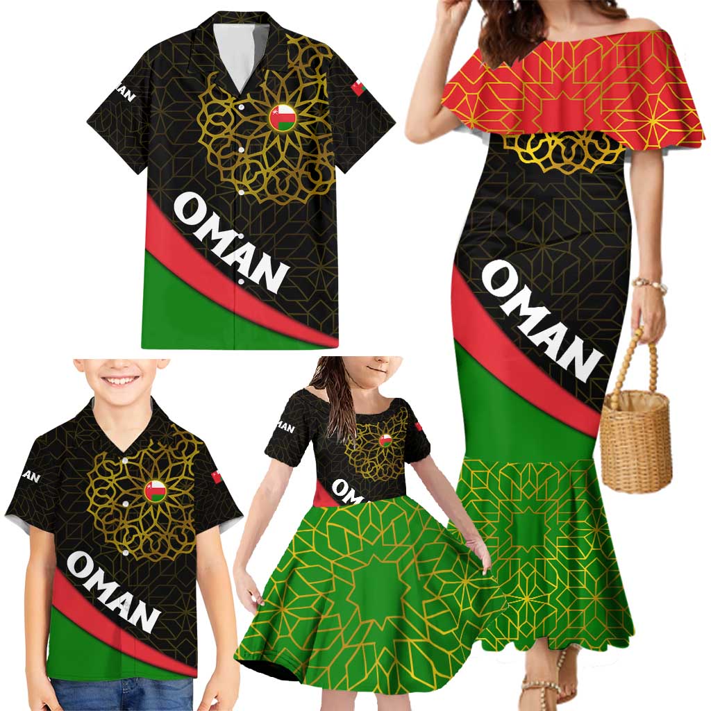 Oman Family Matching Mermaid Dress and Hawaiian Shirt with Camel Landscape and Geometric Pattern Design