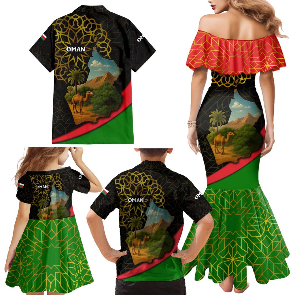Oman Family Matching Mermaid Dress and Hawaiian Shirt with Camel Landscape and Geometric Pattern Design