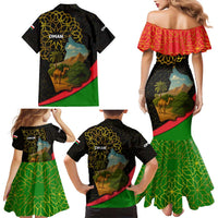 Oman Family Matching Mermaid Dress and Hawaiian Shirt with Camel Landscape and Geometric Pattern Design