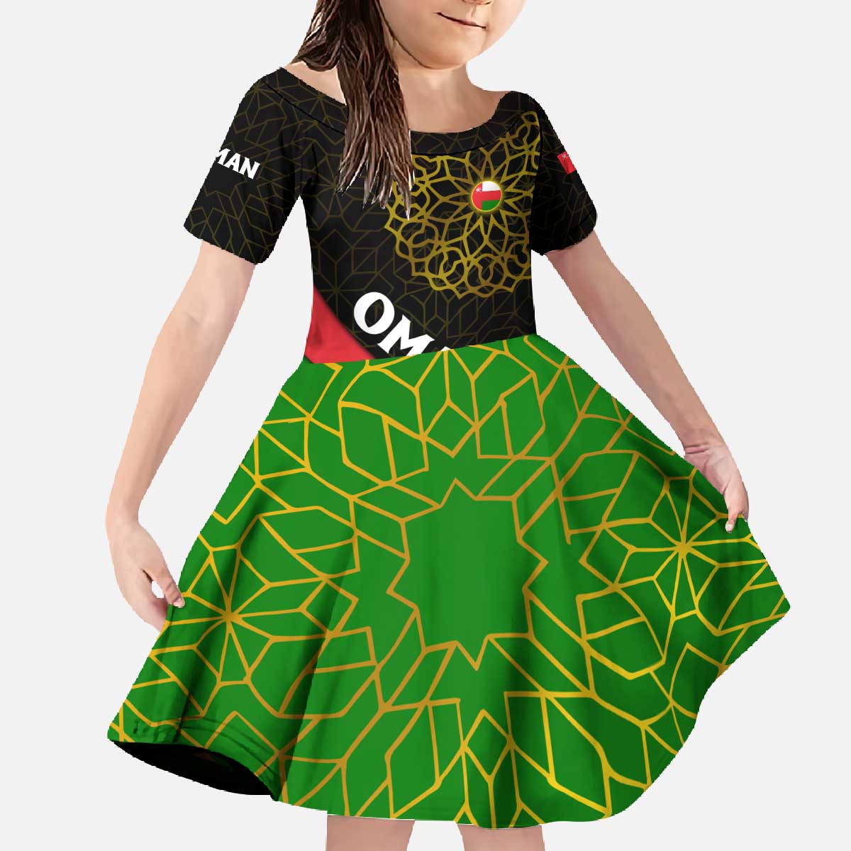 Oman Family Matching Off The Shoulder Long Sleeve Dress and Hawaiian Shirt with Camel Landscape and Geometric Pattern Design
