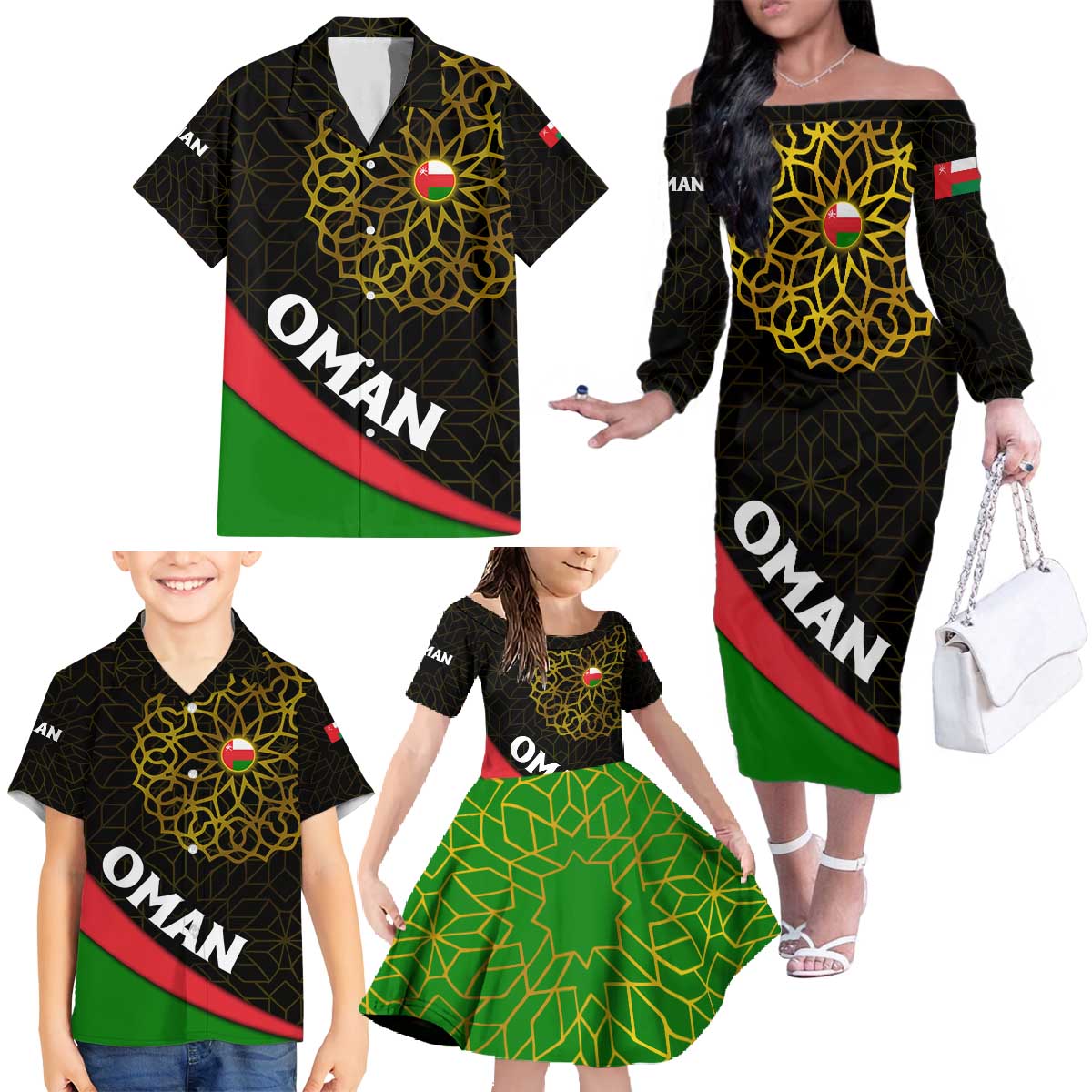 Oman Family Matching Off The Shoulder Long Sleeve Dress and Hawaiian Shirt with Camel Landscape and Geometric Pattern Design