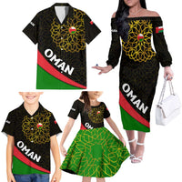 Oman Family Matching Off The Shoulder Long Sleeve Dress and Hawaiian Shirt with Camel Landscape and Geometric Pattern Design