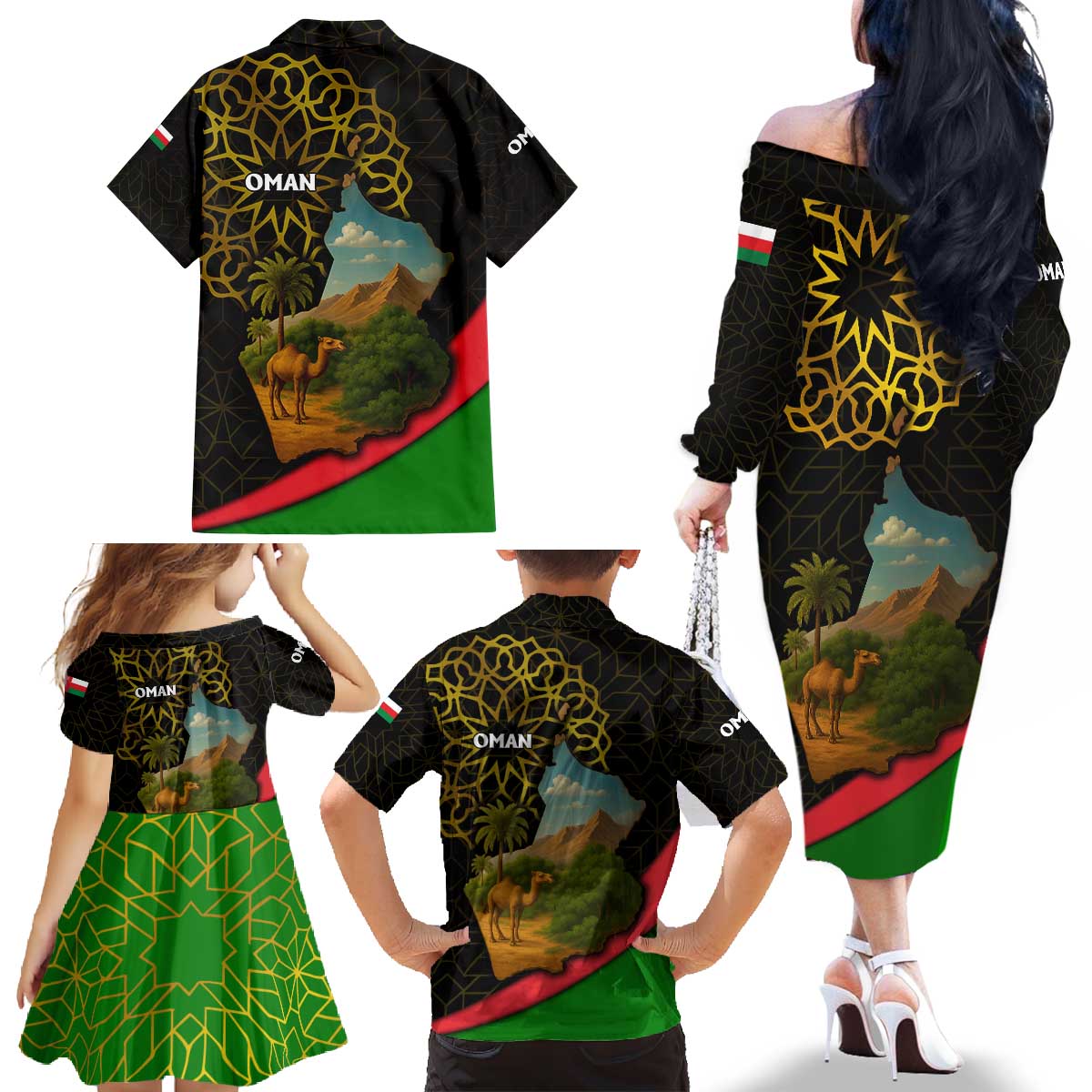 Oman Family Matching Off The Shoulder Long Sleeve Dress and Hawaiian Shirt with Camel Landscape and Geometric Pattern Design