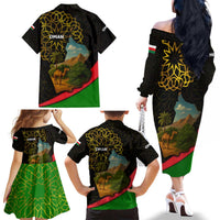 Oman Family Matching Off The Shoulder Long Sleeve Dress and Hawaiian Shirt with Camel Landscape and Geometric Pattern Design