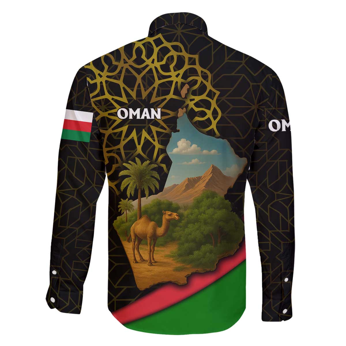 Oman Family Matching Off The Shoulder Long Sleeve Dress and Hawaiian Shirt with Camel Landscape and Geometric Pattern Design