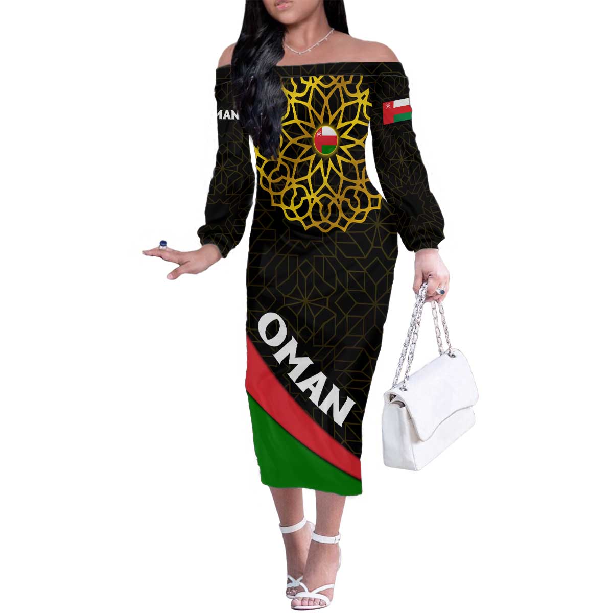 Oman Family Matching Off The Shoulder Long Sleeve Dress and Hawaiian Shirt with Camel Landscape and Geometric Pattern Design
