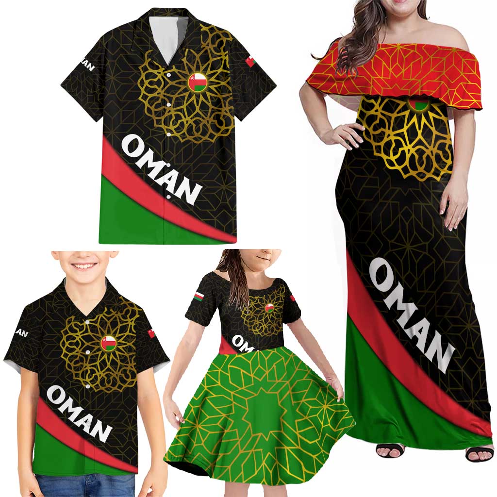Oman Family Matching Off Shoulder Maxi Dress and Hawaiian Shirt with Camel Landscape and Geometric Pattern Design