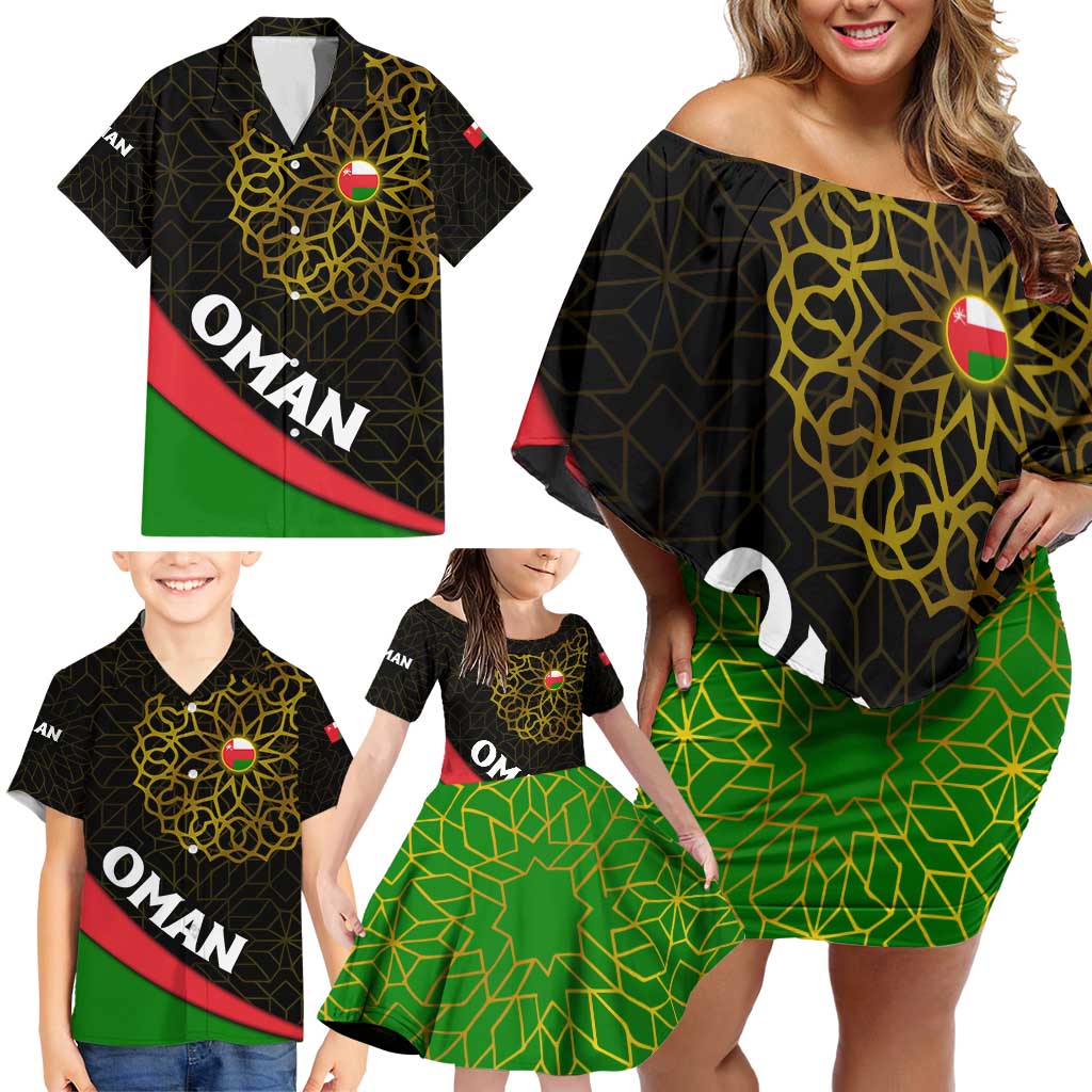 Oman Family Matching Off Shoulder Short Dress and Hawaiian Shirt with Camel Landscape and Geometric Pattern Design
