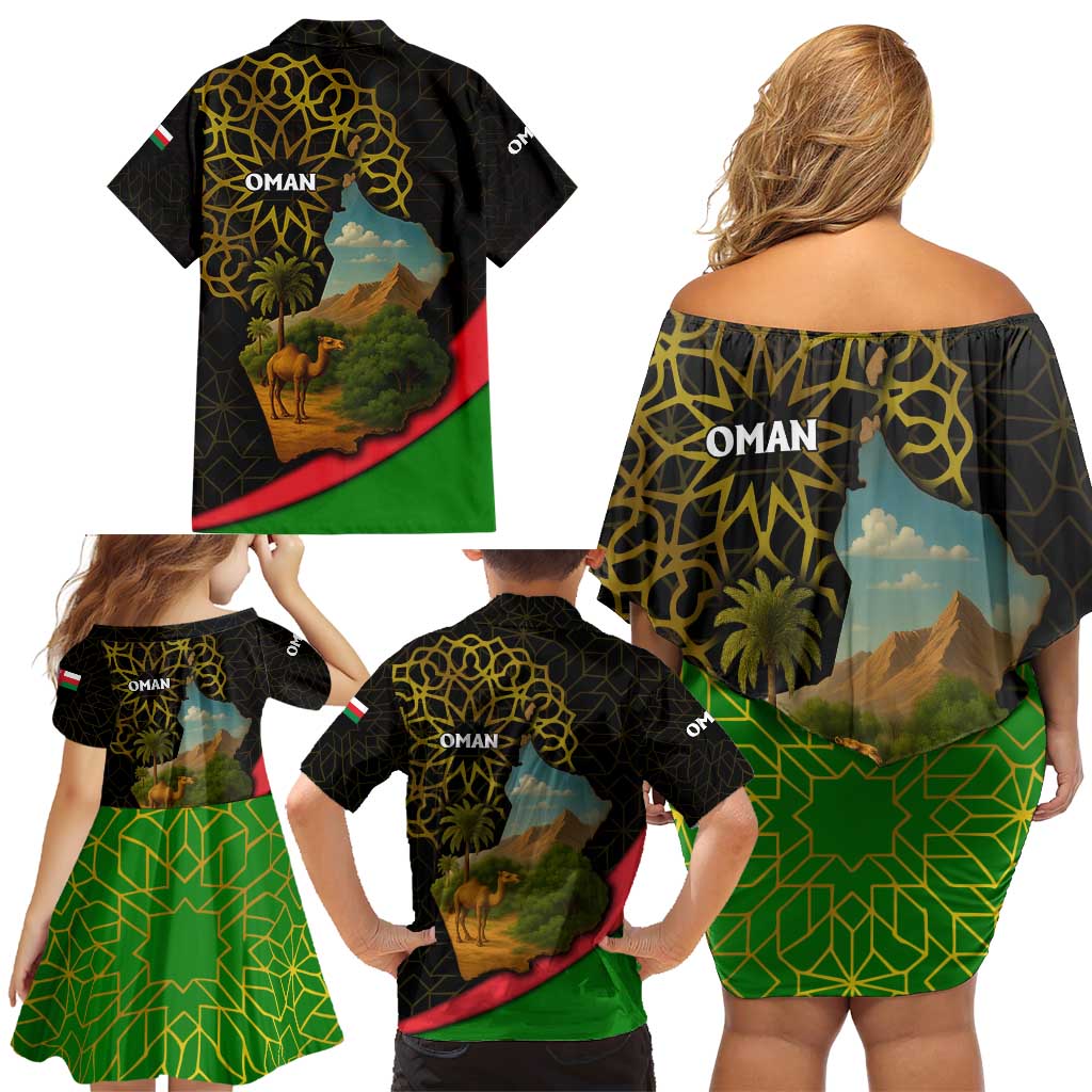 Oman Family Matching Off Shoulder Short Dress and Hawaiian Shirt with Camel Landscape and Geometric Pattern Design