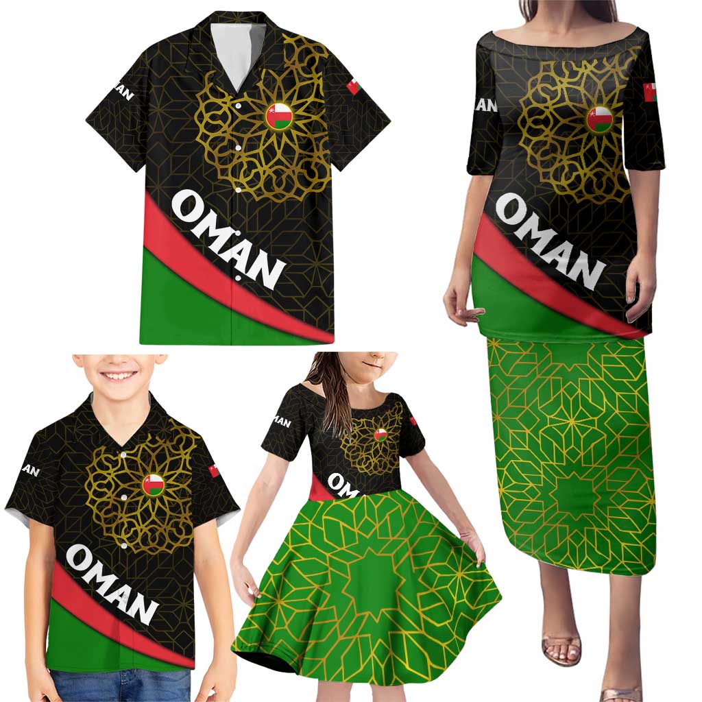 Oman Family Matching Puletasi and Hawaiian Shirt with Camel Landscape and Geometric Pattern Design
