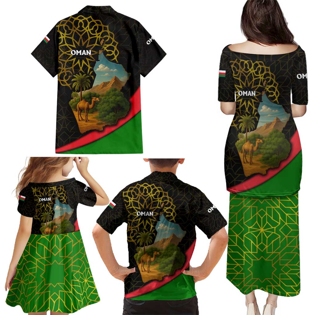 Oman Family Matching Puletasi and Hawaiian Shirt with Camel Landscape and Geometric Pattern Design