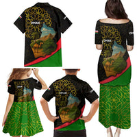 Oman Family Matching Puletasi and Hawaiian Shirt with Camel Landscape and Geometric Pattern Design